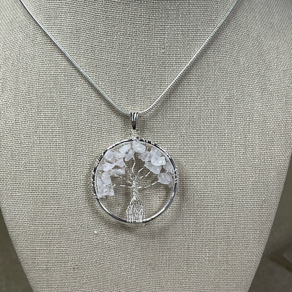 WIRE WRAPPED ROSE QUARTZ TREE OF LIFE PENDANT WITH CHAIN - Picture 2 of 6